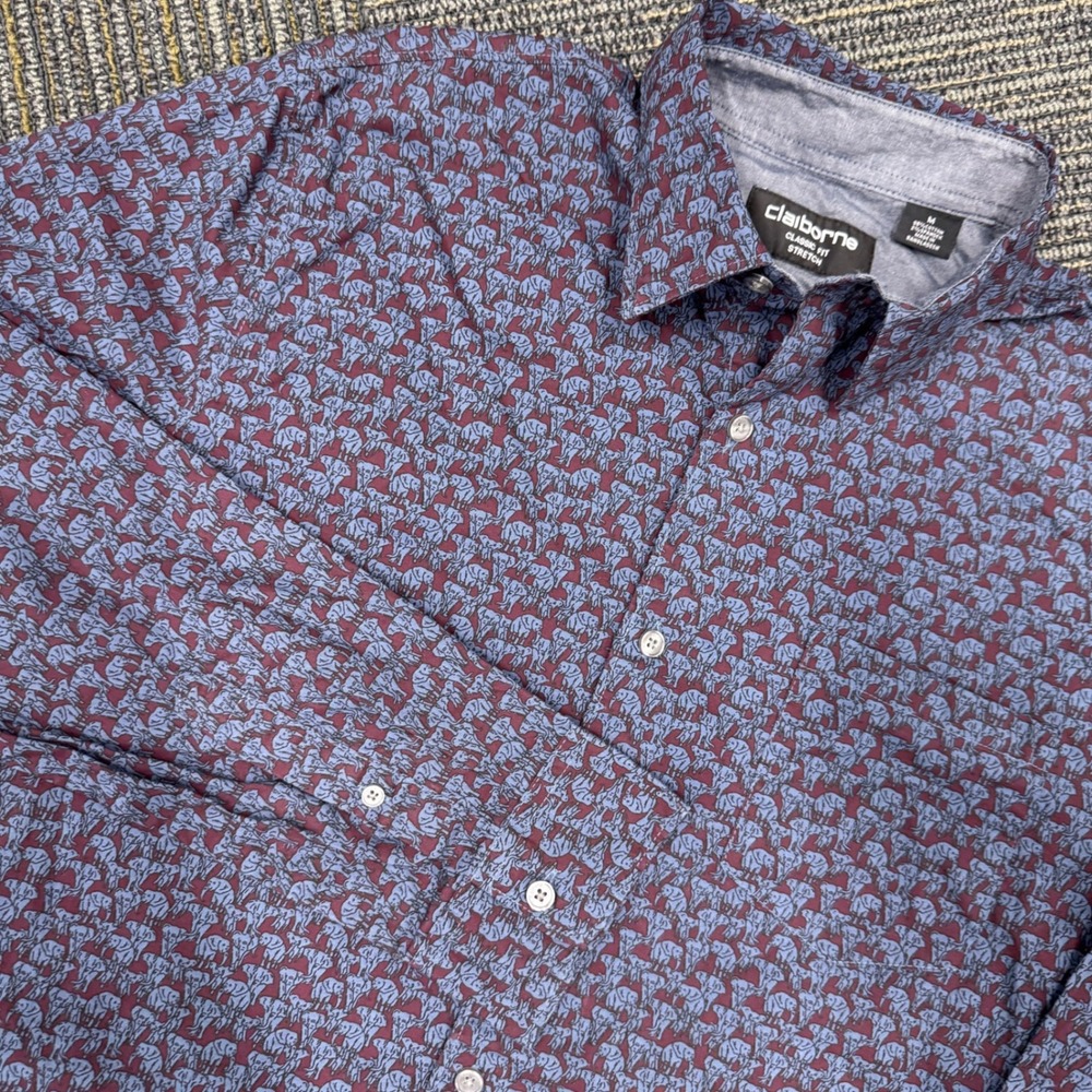 Claiborne Mens Medium‎ Classic Fit Stretch Elephant Print Button Down Shirt
